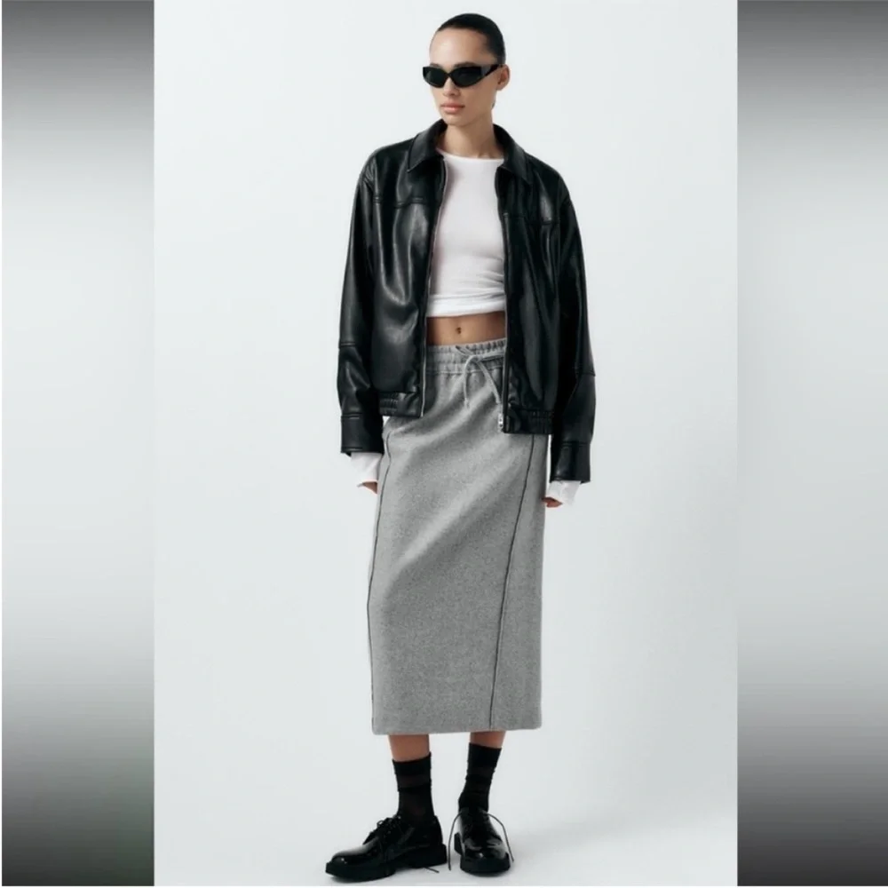 Zara, Mid-Gray, STRAIGHT FELT TEXTURE SKIRT, Large